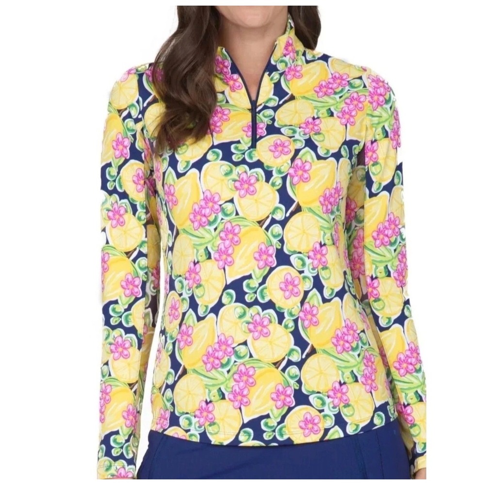 IBKUL Calista Womens S Lemon Floral Sun Shirt UPF 50+ Long Sleeve Quarter Zip